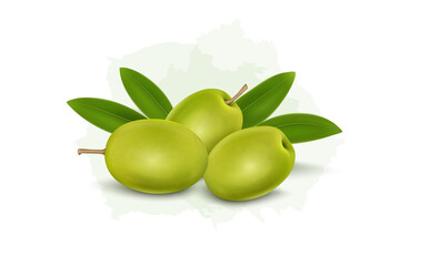 Green olives with leaves, isolated on white background- vector illustration