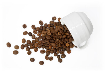 Coffee beans in coffee cup isolated on white background.