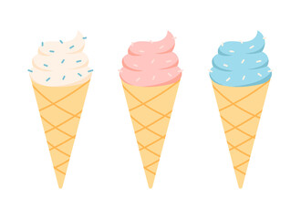 Vector set of cute ice cream cones with sprinkles.