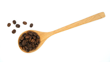 Coffee beans on wooden spoon isolated on white background