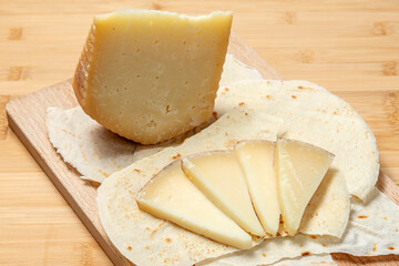 pecorino cheese  and typical carasau bread from Sardinia
