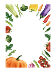 Hand-drawn watercolor vegetables frame for text: tomato, pumpkin, eggplant, pepper, carrot, basil, broccoli, parsley, onion, pea. Organic healthy food border. Harvest template for cards, invitations