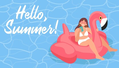 Tan girl in bikini relaxing in water pool, sitting on flamingo inflatable float with cocktail on summertime holiday. Hello summer card. Summer vacation banner. Flat vector illustration.