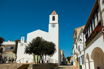 Exterior of the Iglesia de San Pedro church in Calella de Palafrugell, Catalonia, Spain, in Costa...