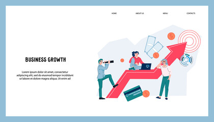 Business growth and successful development website banner mockup, vector cartoon flat illustration. Increase profits and profit increase for web page or marketing material.