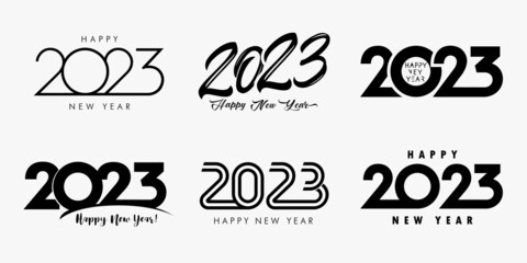 Big set 2023 Happy New Year black logo text design. 20 23 number design template. Collection of symbols of 2023 Happy New Year. Vector illustration with creative labels isolated on white background - obrazy, fototapety, plakaty