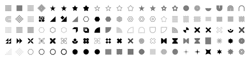 Big set of different geometric figures and shapes on a white background. Stars, dots, petals, arches, spirals, stickers, wavy and dotted lines, triangles and squares. Vector illustration. - 502744078