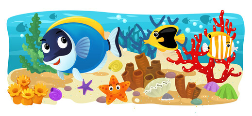 cartoon scene with coral reef fishes illustration