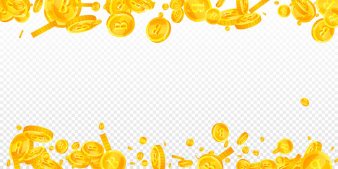Bitcoin, internet currency coins falling. Fascinating scattered BTC coins. Cryptocurrency, digital money. Uncommon jackpot, wealth or success concept. Vector illustration.