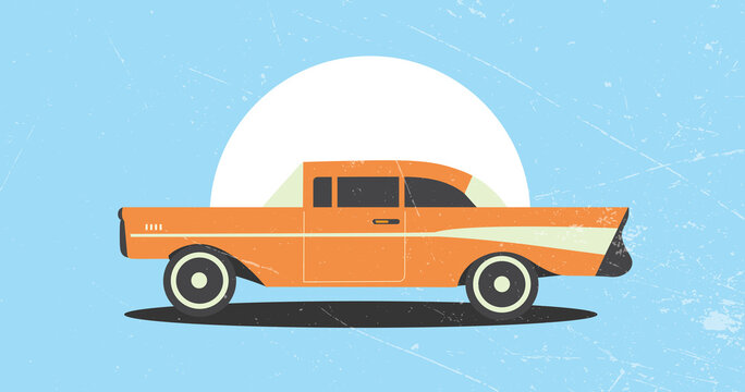  Retro Car. Orange  Car On Blue Background. Vector Illustration