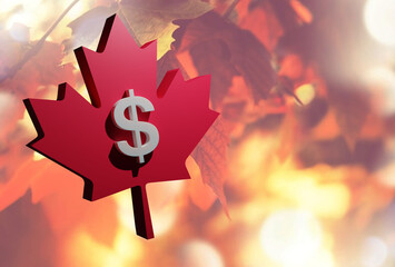 Beautiful Floating Maple Leaf and Canada Dollar sign, 3D rendering, 3D illustration