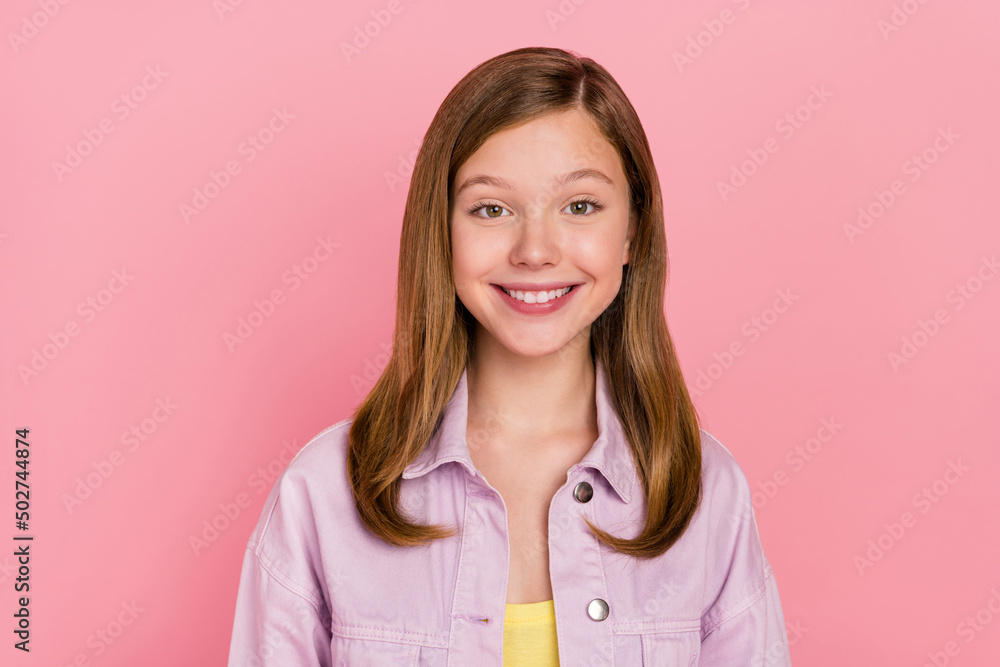 Sticker Photo of young lovely girl good mood toothy smile visit dentist clinic isolated over pink color background