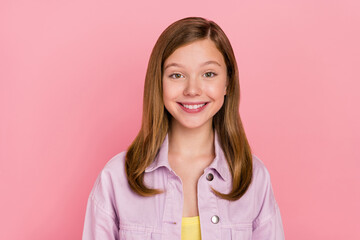 Fototapeta premium Photo of young lovely girl good mood toothy smile visit dentist clinic isolated over pink color background