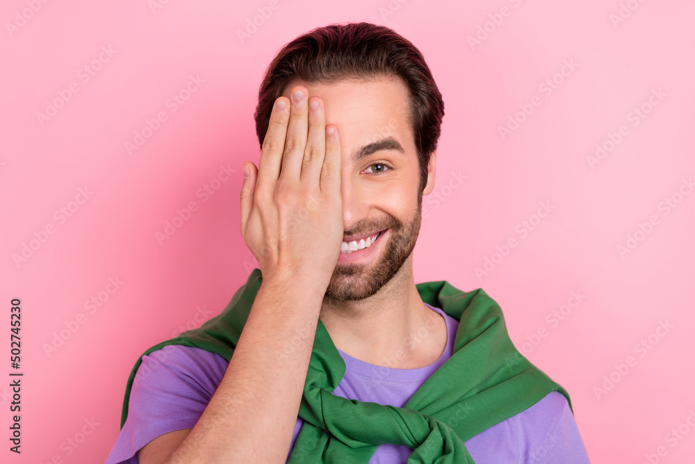 Sticker photo of cute young beard man close face wear t-shirt pullover isolated on pink color background