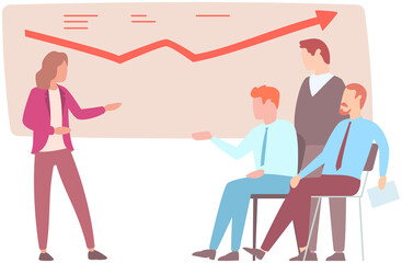 Manager makes presentation of statistical report analysis charts. Planning business. Teamwork consulting for project management, financial reporting and strategy. Data analysis research statistics