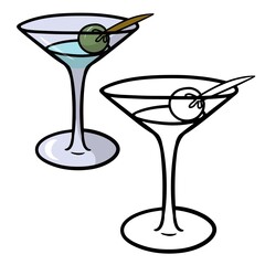 cocktail with olive in a glass glass, martini, cartoon vector illustration on a white background