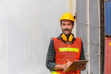 Industrial engineer in hard hat containers box background, Dock worker man holding clipboard checklist at containers cargo, Logistic and transportation concepts