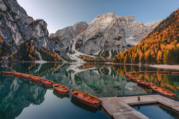 A quiet morning at Lago di Braies in the Italian Dolomites. The autumn mood of the photo creates a great atmosphere.