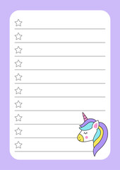 Vector to do list sheet for making notebooks with cute unicorn.
