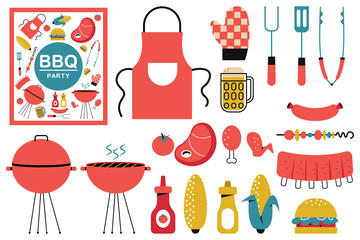 Barbecue elements vector simple illustrations set isolated on a white background.