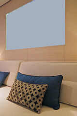Bedroom of penthouse stateroom cabin suite in clean modern interior design onboard luxury...