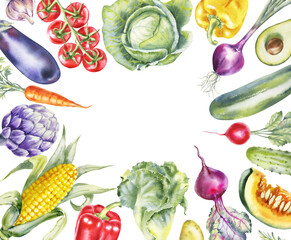 Watercolor vegetables illustration: garlic, eggplant, tomato, cabbage, pepper, onion, avocado, zucchini, radish, cucumber, pumpkin, beet, potato, corn, artichoke, carrot. Frame.