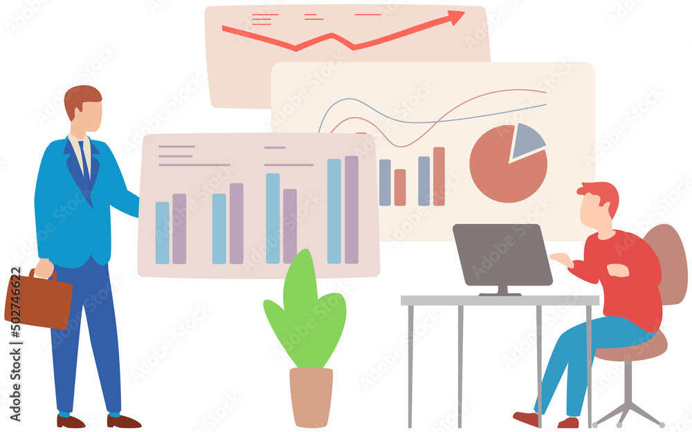Poster manager makes presentation of statistical report analysis charts. planning business. teamwork consul