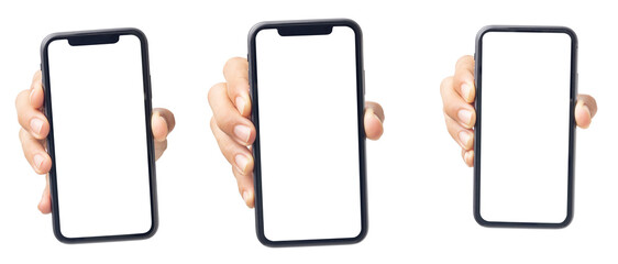 Hand man holding mobile smartphone with blank screen with space for inserting advertising text....