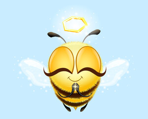Cute funny cartoon fluffy bee angel character with nimbus.