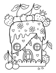 Sweet magic house coloring page for kids. Children education. Hand drawing building. Home print. Creative design.