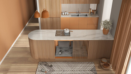 Dog friendly wooden and orange kitchen. Dog bed inside furniture with soft pillows and toys, space devoted to pets. Carpet, treat bowl, parquet. Interior design idea, top view, above