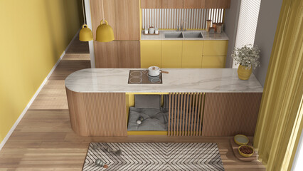 Obraz na płótnie Canvas Dog friendly wooden and yellow kitchen. Dog bed inside furniture with soft pillows and toys, space devoted to pets. Carpet, treat bowl, parquet. Interior design idea, top view, above