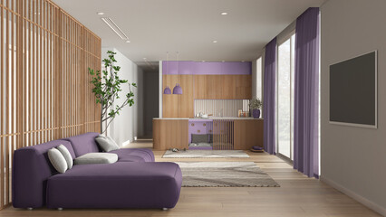 Pet friendly wooden and purple living room with sofa and kitchen. Space devoted to pets, dog bed inside furniture. Carpet, big windows with curtains, parquet. Interior design idea