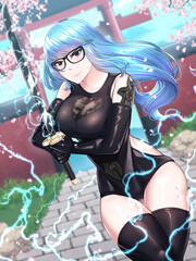Samurai Anime Style - Asia Woman with Sword - Manga Girl with blue hairs, glasses and Sexy Outfit.