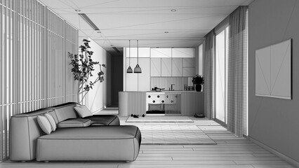 Unfinished project draft, pet friendly living room with sofa and kitchen. Space devoted to pets, dog bed inside furniture. Carpet, big windows with curtains, parquet. Interior design