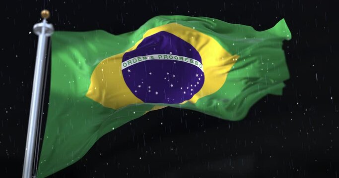 Brazil Flag Waving with rain and snow in the night. Loop