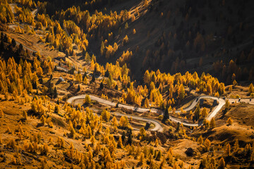 Autumn in the Italian Dolomites. The most beautiful time of the year to visit this place. Beautiful colors and breathtaking views. Mountain peaks above the valleys.