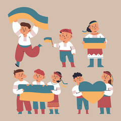 Ukrainian children in national costumes holding flag vector cartoon characters set isolated on background.