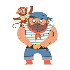 Fototapeta premium Pirate sailor with monkey vector cartoon character isolated on a white background.