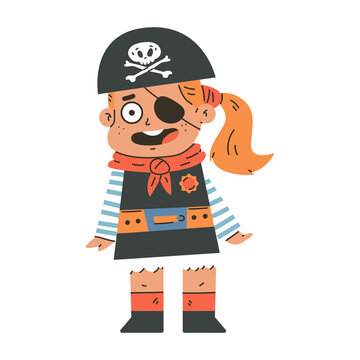 Cute pirate girl character vector cartoon illustration isolated on a white background.