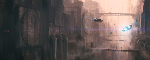 Futuristic city streets, 3D illustration. © liuzishan