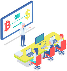 Professor teaching financial literacy in academy. Class at business school or university, students learning about cryptocurrency and trading, digital money mining. Finances, education concept
