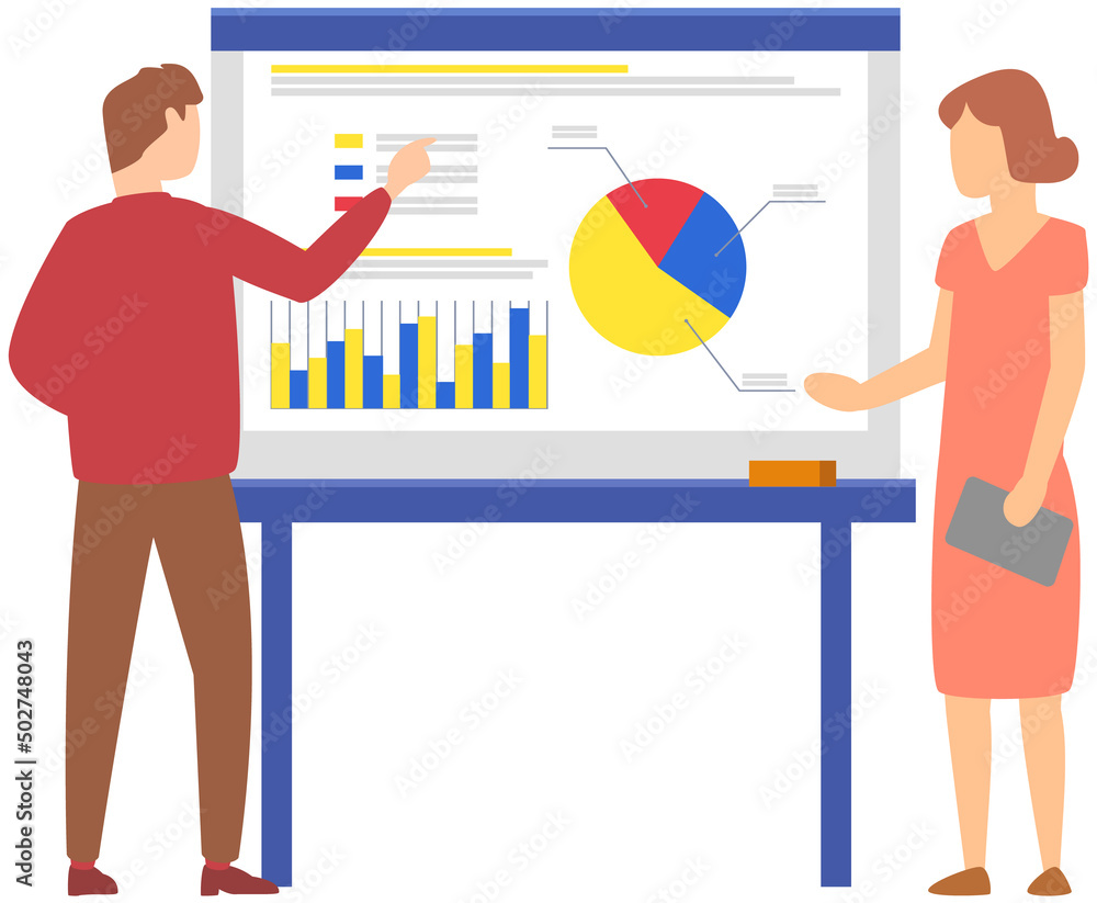 Poster manager makes presentation of statistical report analysis charts. planning business. teamwork consul