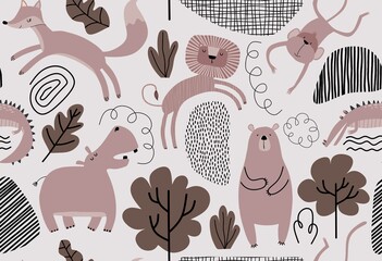 Vector seamless pattern with cute animal. © andin