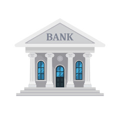 Fototapeta premium Cartoon financial bank building front view facade icon. Flat vector illustration isolated on white background