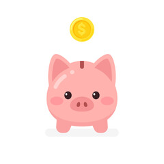 Cute kawaii piggy bank front view icon. Flat vector illustration isolated on white background