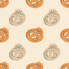 Big fat red and beige cats lie on their backs. Seamless pattern. Vector, cartoon style, flat design.