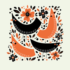 Folk art bird flat vector illustration. Forest hand drawn animals in scandinavian style isolated on floral background.  © Aleksandra