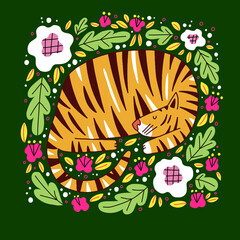 Tiger hand drawn flat animal illustration. Wildlife background. Wild animal isolated on green background.  Forest cartoon character in modern style for children prints.