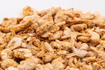 Dried shrimp closeup on white background. Selective focus
